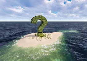 Image of a green question mark on a deserted island